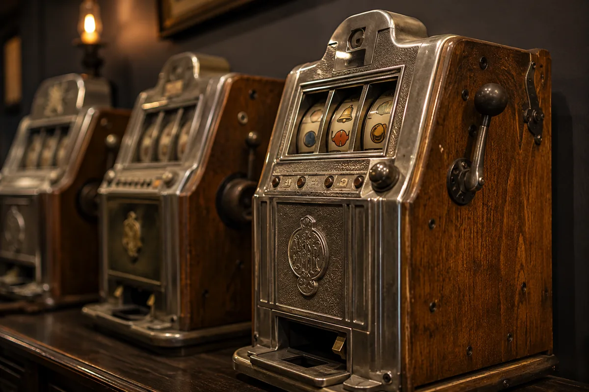 Row of antique three-reel upright slot machines with nickel-plated fronts and oak cabinets