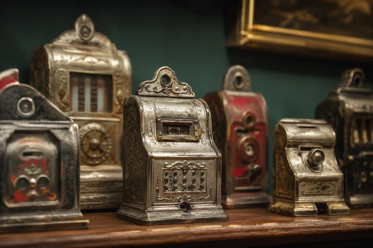 Collection of small antique countertop coin machines on a wooden shelf