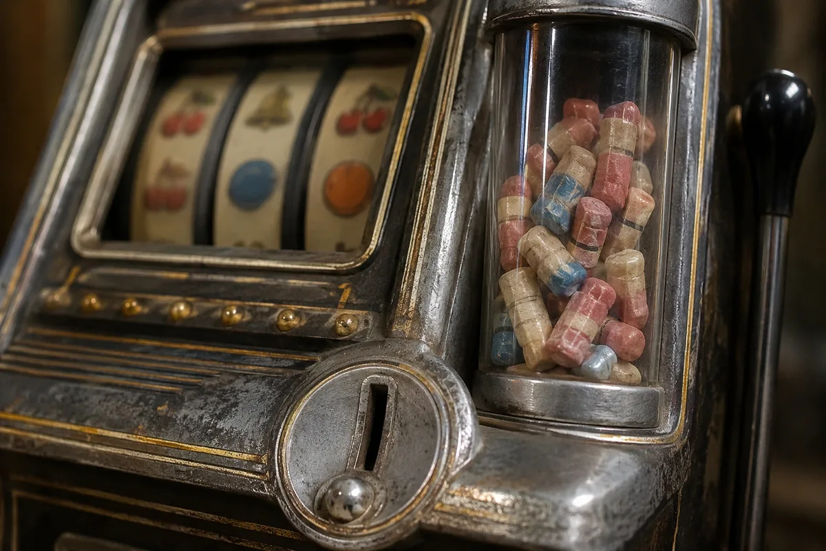 Antique gum vendor slot machine with glass gum column beside the reel window