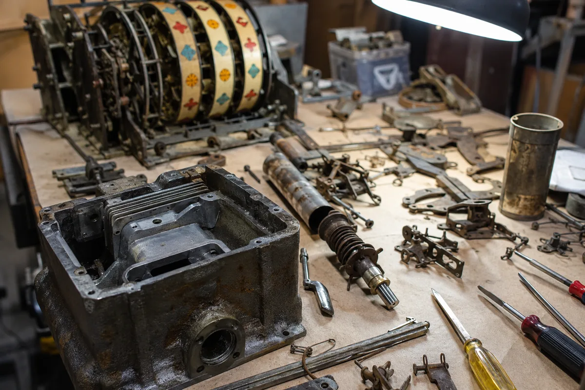 Disassembled antique slot machine mechanism and castings spread across a workbench