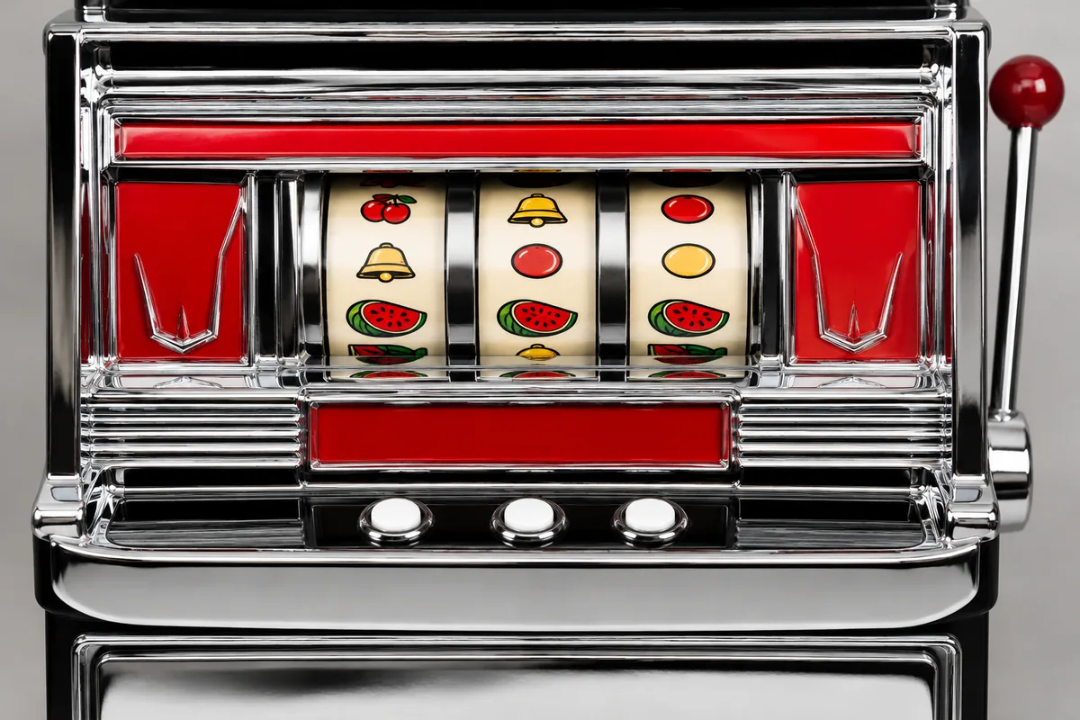 Gleaming reproduction slot machine with new chrome and glossy paint