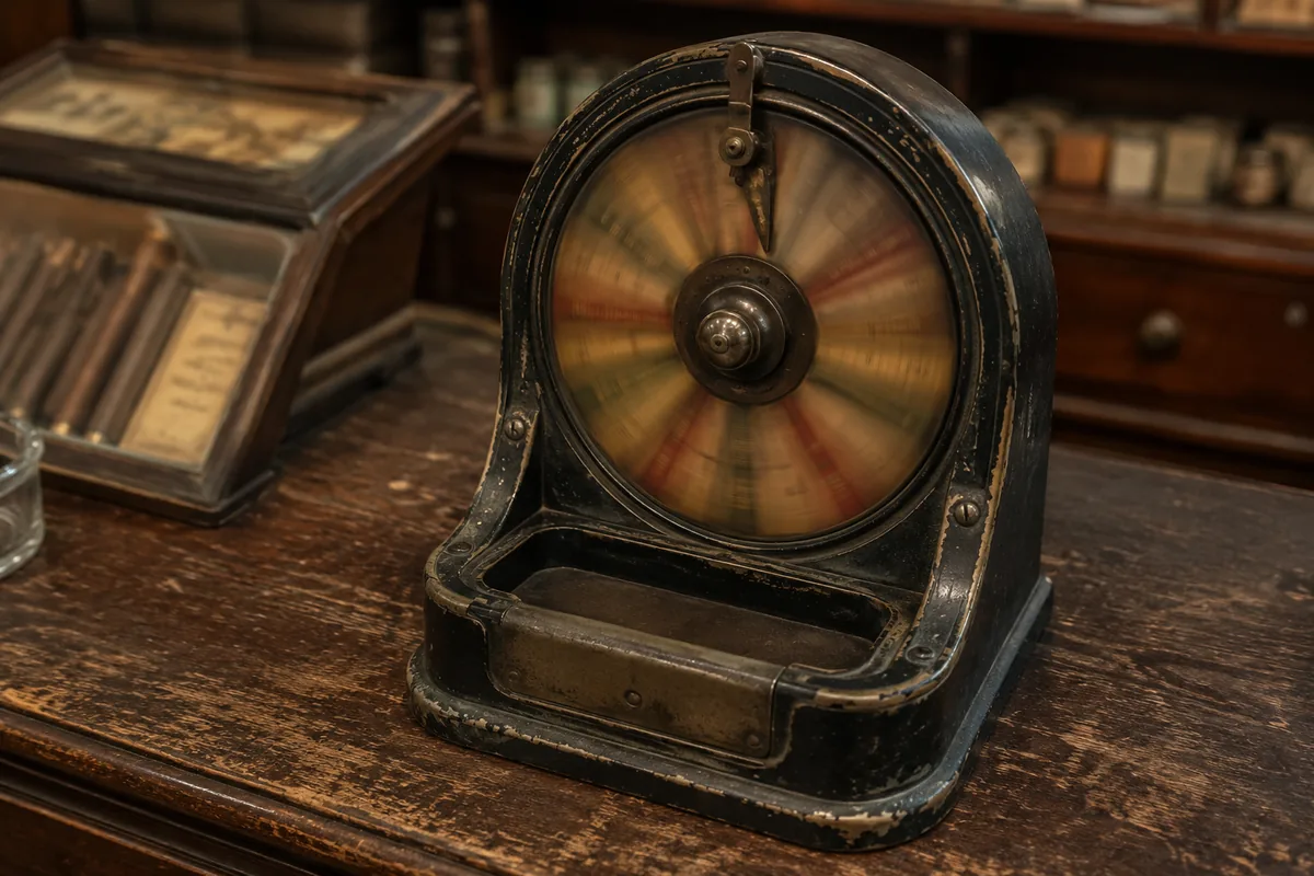 Antique countertop trade stimulator with spinning dial on a worn shop counter