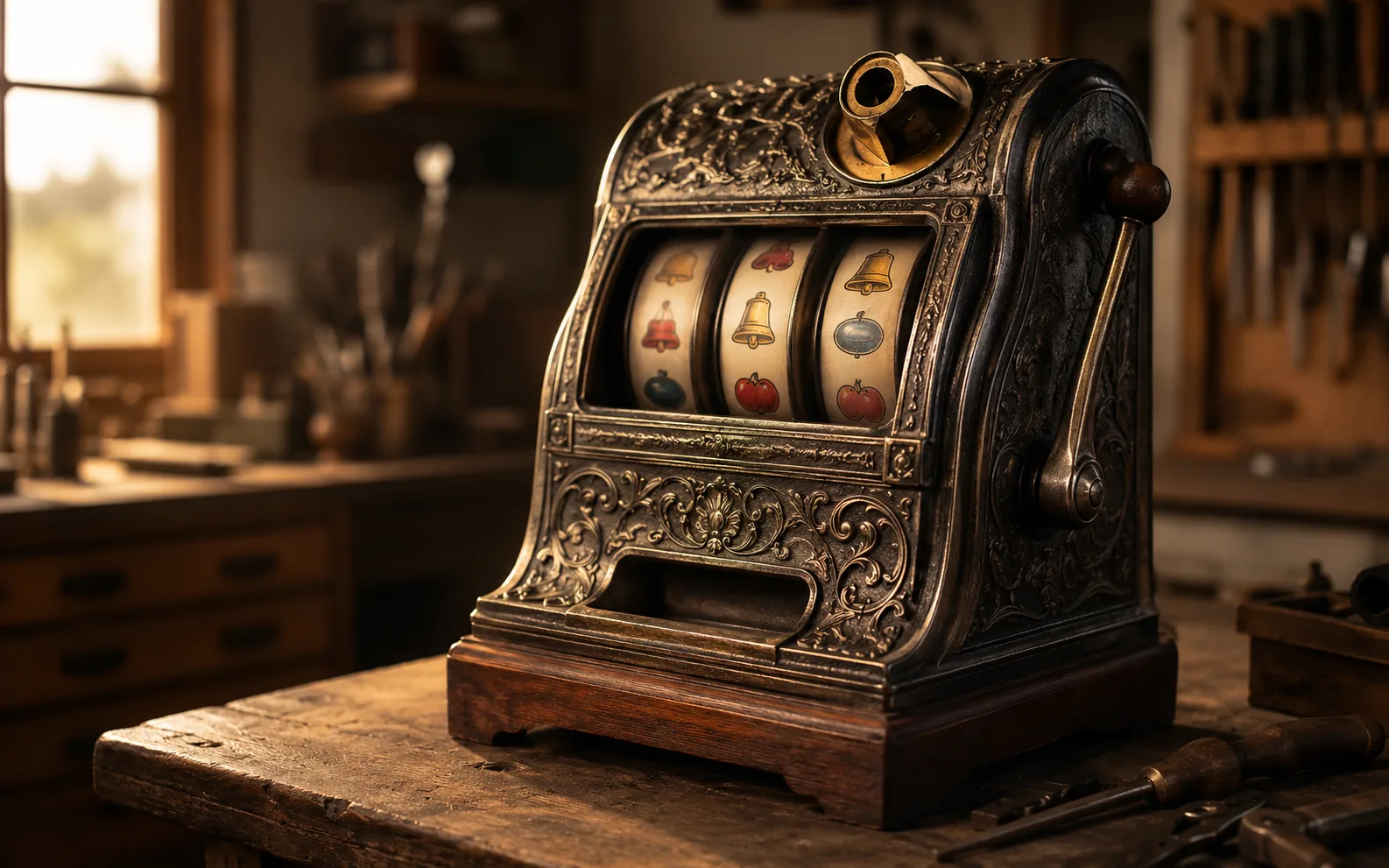 Ornate antique three-reel slot machine in warm workshop light